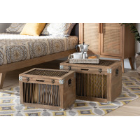 Baxton Studio LD19A009-Medium Oak-2PC Trunk Set Clement Rustic Transitional Medium Oak Finished 2-Piece Wood Spindle Storage Trunk Set